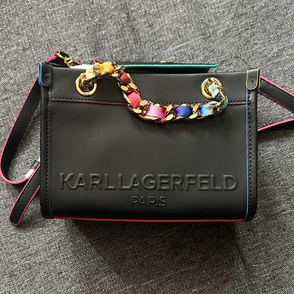 Karl Lagerfeld Handbags - Karl Lagerfeld Black Crossbody with Rainbow-Trim Gold Chain SAVOIE